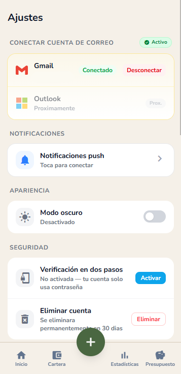 Captura de Ajustes en modo claro